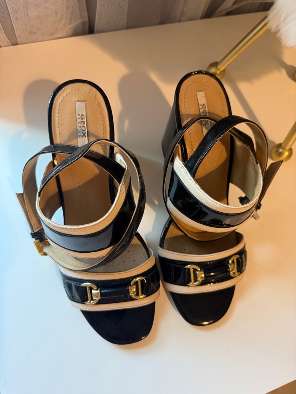 Geox Black and Cream Patent Block Heel Mules